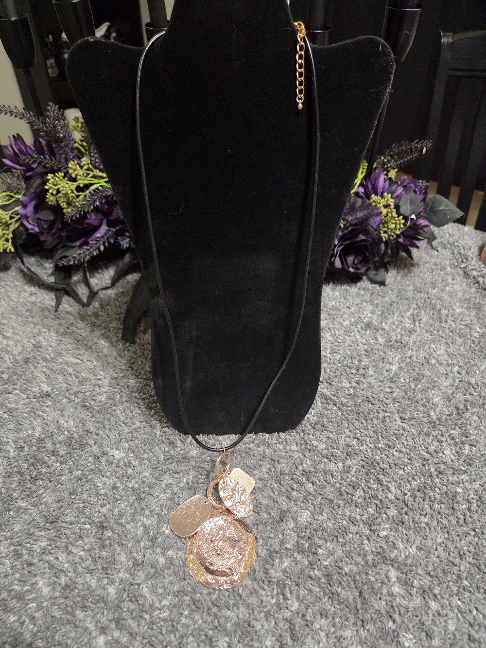 Rose Gold Multi-Disc Pendant Necklace on Black Cord - Women Jewelry